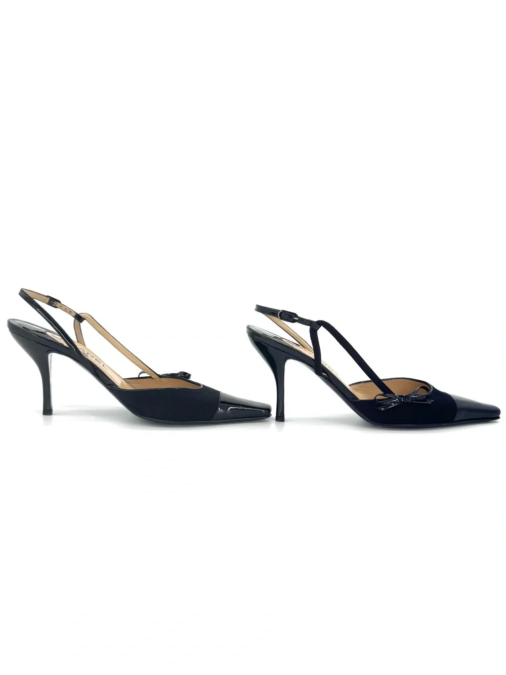 Chanel Vintage Bow CC Cap Toe Jersey Patent Pointed Toe Slingback Pumps 40